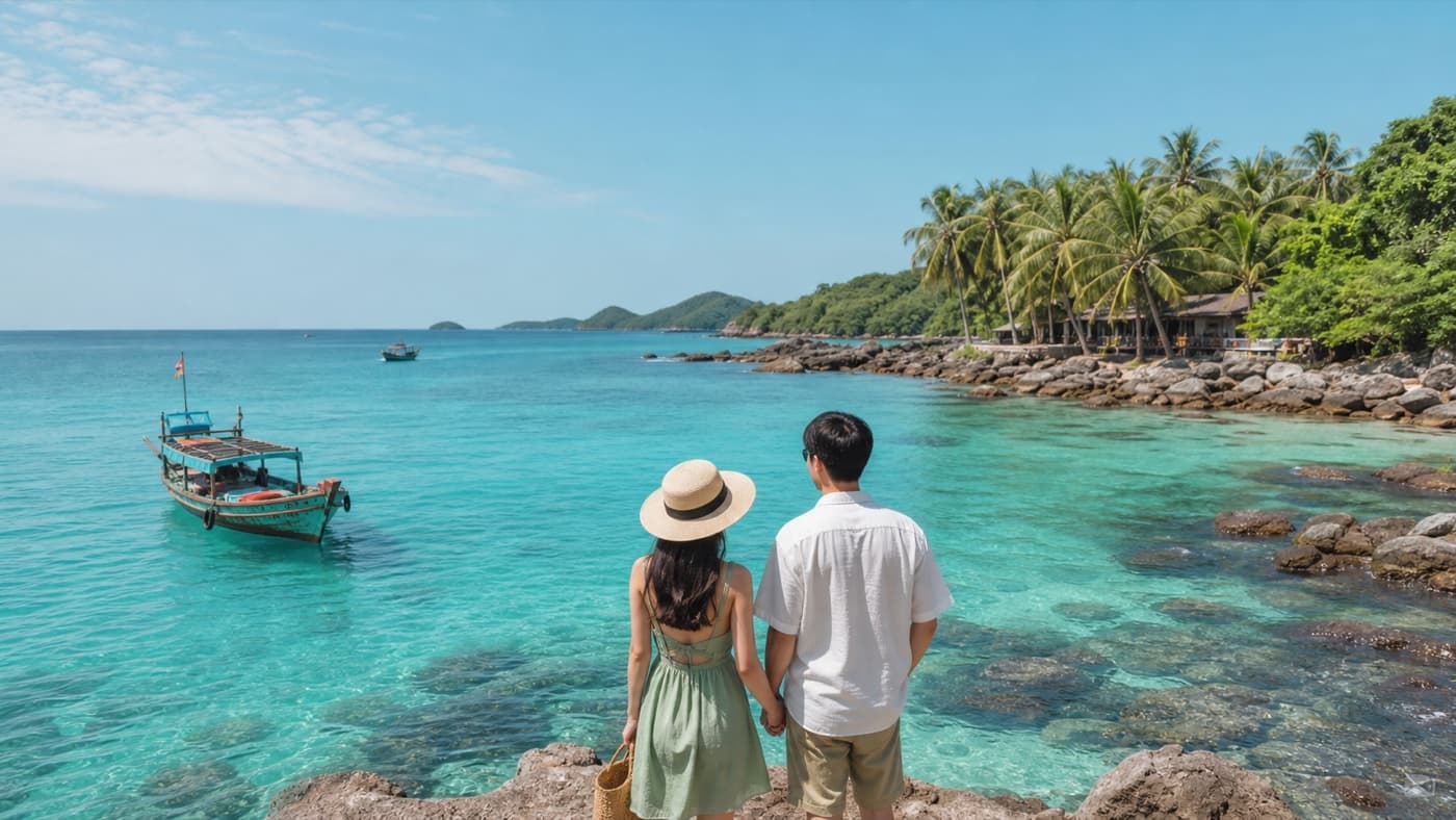 푸꾸옥 해변에서 여유로운 시간을 보내는 여행객